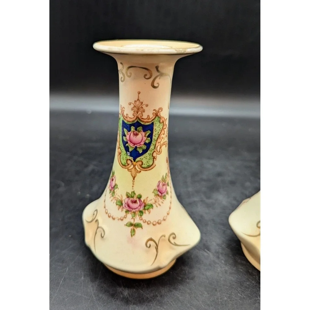Antique Set/2 Crown Ducal Transferware Candle Sticks Flower Floral 5.5
